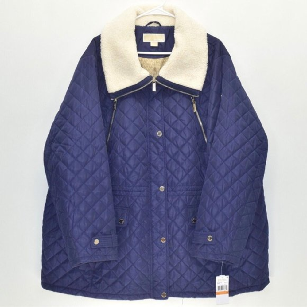 NEW Michael Kors Faux Fur Trim Quilted Women Navy Blue Jacket Coat Sz‎ 3XL
